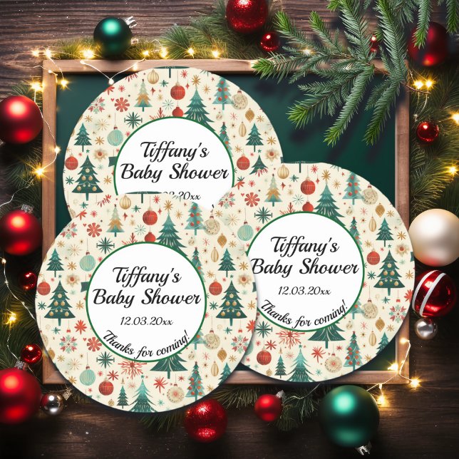 Festive Winter Pattern Baby Shower  Classic Round Sticker (Creator Uploaded)