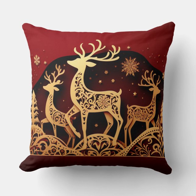 Festive Winter Reindeer – Ornate Forest Cushion (Front)