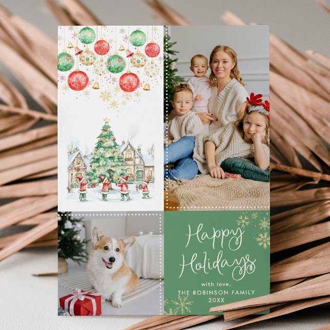 Festive Winter Scene Happy Holidays Green 2 Photo Holiday Card (Creator Uploaded)