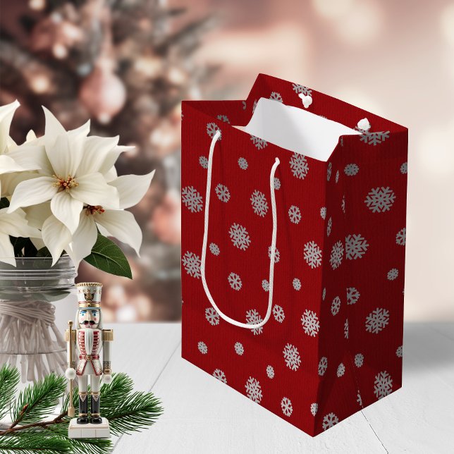 Festive Winter Silver Red Snowflakes Holiday Medium Gift Bag (Festive Winter Silver Red Snowflakes Holiday Medium Gift Bag)