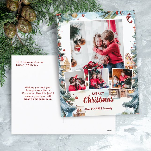 Festive Winter Snow Village Four-Photo Holiday Postcard (Creator Uploaded)