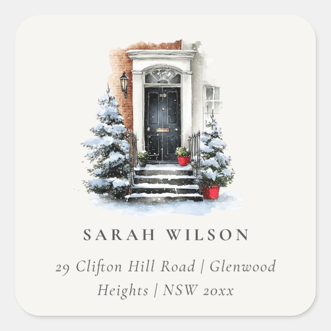 Festive Winter Watercolor Front Door Address Square Sticker (Front)