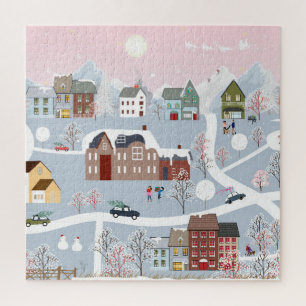 Festive Winter Wonderland: Nighttime Cityscape Jigsaw Puzzle
