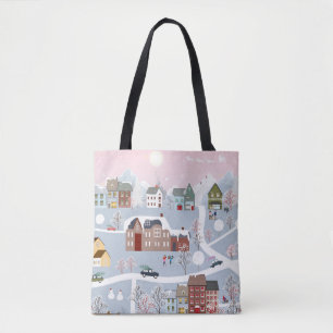 Festive Winter Wonderland: Nighttime Cityscape Tote Bag