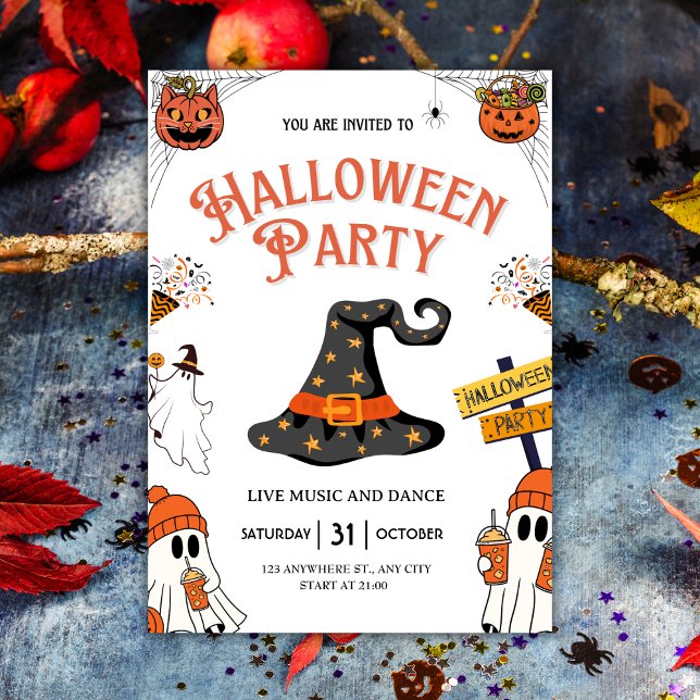 Festive Witch Hat & Ghosts Halloween Party Invitation (Festive Witch Hat & Ghosts Halloween Party Invitation
)