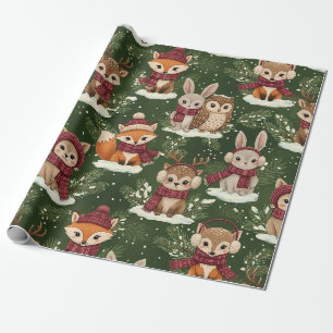 Festive Woodland Animal in Green Wrapping Paper