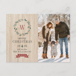 Festive Wreath & Christmas Photo Monogram Wooden Postcard