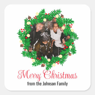 Festive Wreath Custom Photo Merry Christmas Square Sticker