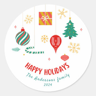 Festive Wreath Happy Holidays green holiday Classic Round Sticker