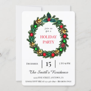 Festive Wreath Holiday Party Cute Elegant Invitation