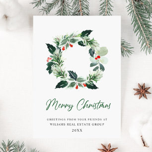 Festive Wreath Holly Berry Pine Forest Christmas Holiday Card