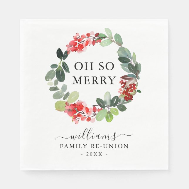 Festive Wreath Oh So Merry Family Reunion Custom Napkin (Front)