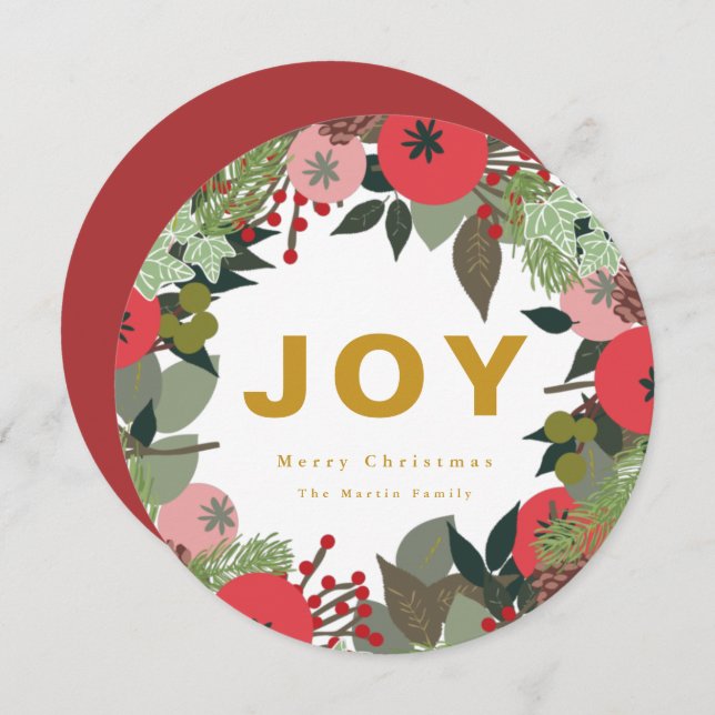 Festive Wreath with Joy Typography Holiday Card (Front/Back)