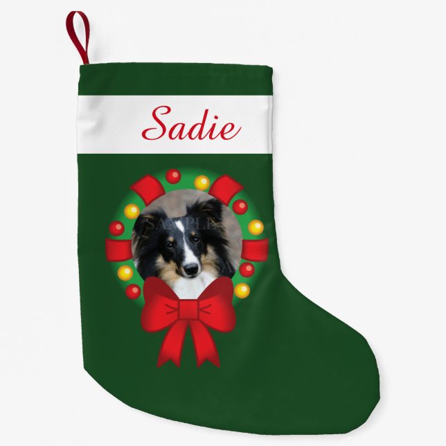 Festive Wreath With Personalised Photo And Name Small Christmas Stocking (Front)