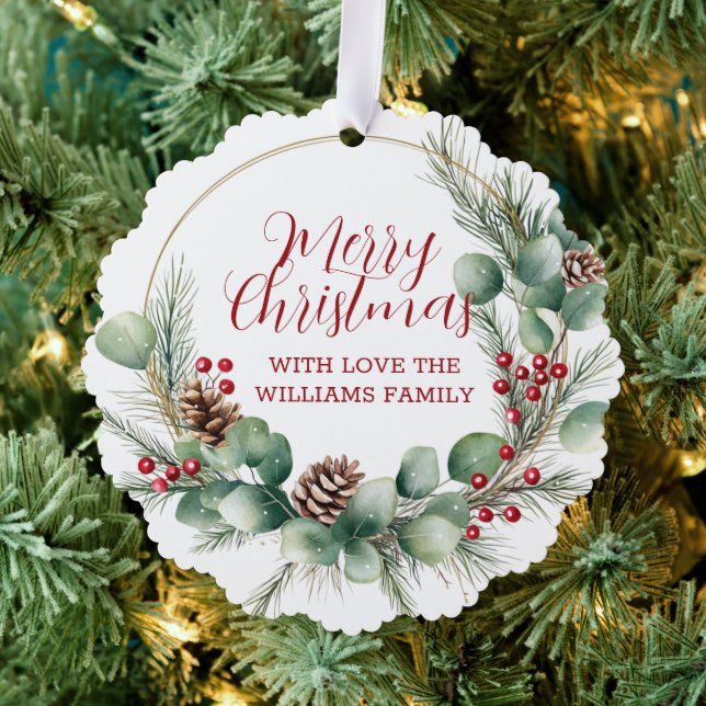 Festive Wreath with Red Berries and Eucalyptus  Tree Decoration Card (Insitu (Tree))