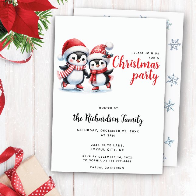 Festive Xmas Cute Ice Skating Penguins Christmas Invitation (Creator Uploaded)