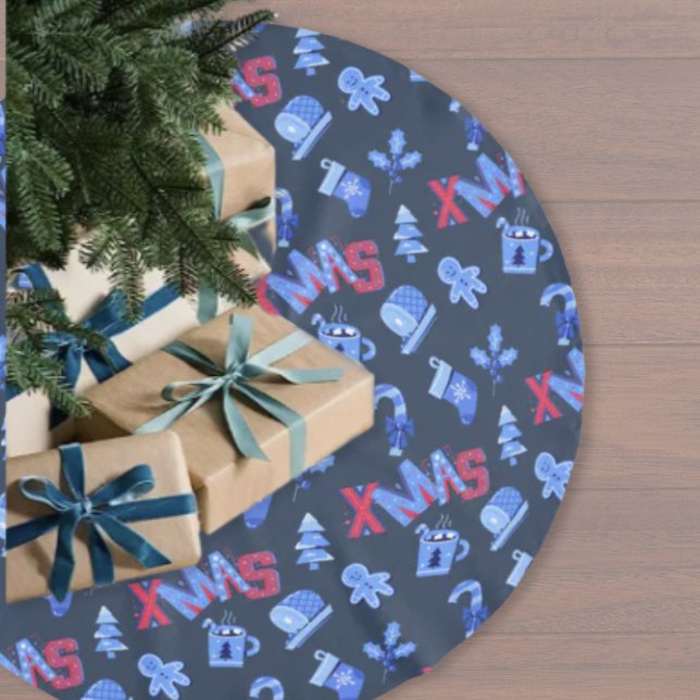 Festive XMAS Lettering Blue Red Christmas Brushed Polyester Tree Skirt (Creator Uploaded)