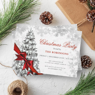 Festive Xmas Pine Tree, Silver & Red Ribbon  Invitation