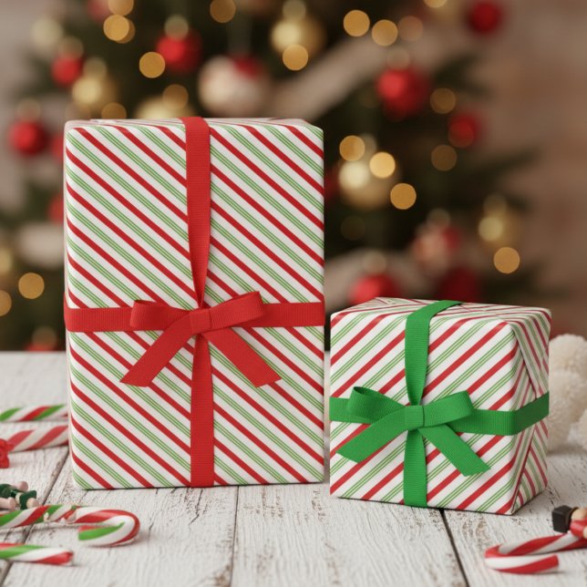Festive Xmas Red Green White Diagonal Stripes Wrapping Paper (Festive Chirstmas Red and Green Candy Cane Stripes Pattern for Kids. Trendy Xmas Striped Gift Wrap)