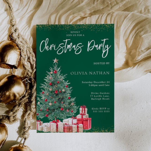 Festive Xmas Tree & Gifts Green Christmas Party  Invitation (Creator Uploaded)