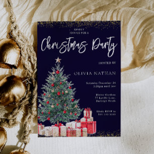 Festive Xmas Tree & Gifts Navy Christmas Party  Invitation
