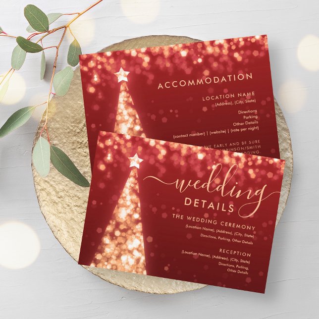 Festive Xmas Tree Gold Red Wedding Details Card (Festive Xmas Tree Gold Red Wedding Details Card)