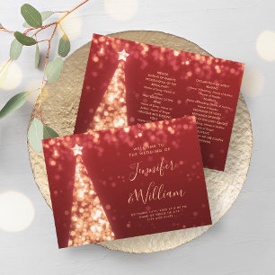 Festive Xmas Tree Gold Red Wedding Program Invitation