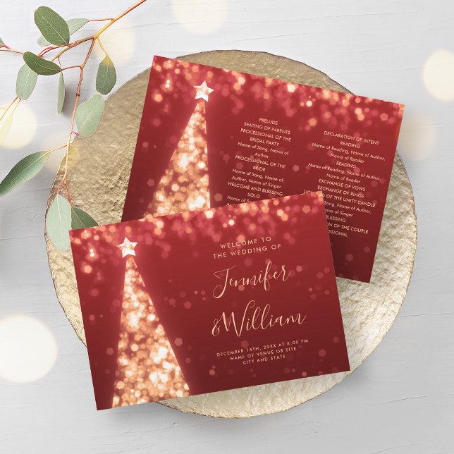 Festive Xmas Tree Gold Red Wedding Program Invitation (Festive Xmas Tree Gold Red Wedding Program)