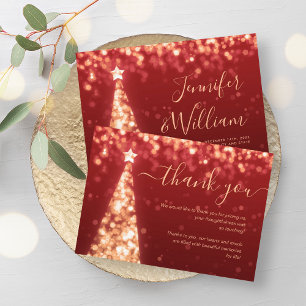 Festive Xmas Tree Gold Red Wedding Thank You Card