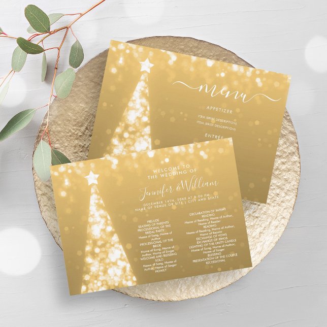 Festive Xmas Tree Gold Wedding Menu Program Invitation (Festive Xmas Tree Gold Wedding Menu Program)