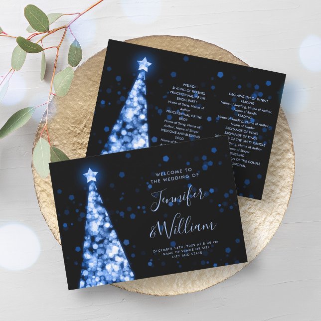 Festive Xmas Tree Navy Blue Wedding Program Invitation (Festive Xmas Tree Navy Blue Wedding Program)