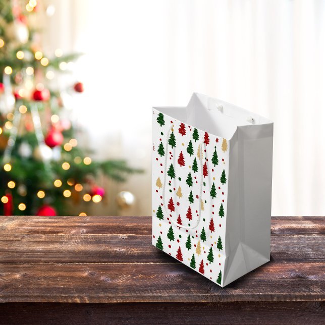 Festive Xmas Tree Pattern Red, Green & Gold Medium Gift Bag (Creator Uploaded)