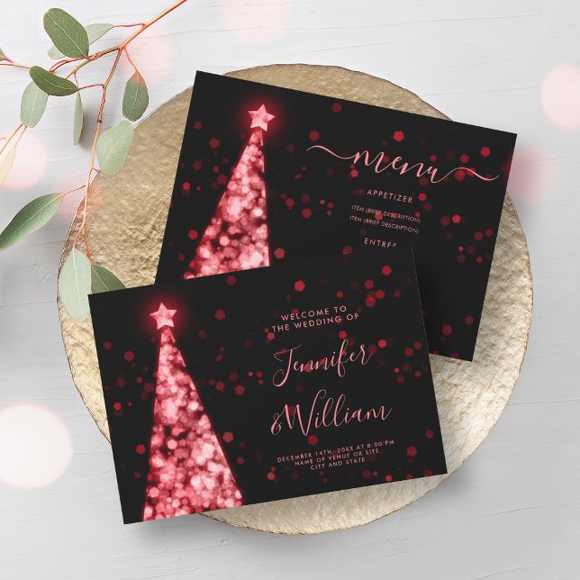 Festive Xmas Tree Red Black Wedding Menu  Invitation (Festive Xmas Tree Red Black Wedding Menu Invitation)