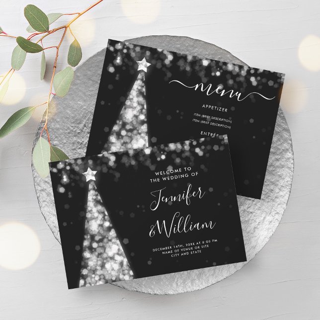 Festive Xmas Tree Silver Wedding Menu  Invitation (Festive Xmas Tree Silver Wedding Menu Invitation)
