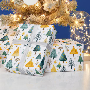 Festive Yellow and Green Christmas Trees Wrapping Paper
