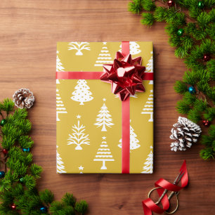 Festive Yellow and White Christmas Tree Pattern Wrapping Paper