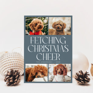 Fetching Christmas Cheer Dog Photo Slate Blue Holiday Card