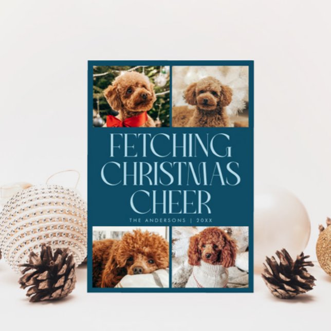 Fetching Christmas Cheer Dog Photo Teal Holiday Card (Creator Uploaded)
