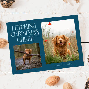 Fetching Christmas Cheer Teal Dog Photo  Holiday Card
