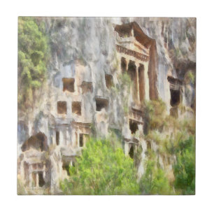Fethiye Ancient Lycian Tombs Watercolor Tile