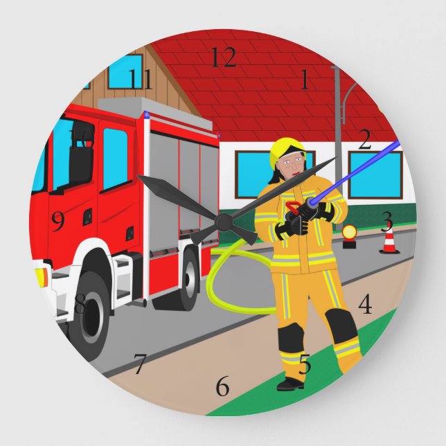 Feuerwehrmann im Feuerwehreinsatz beim löschen Gro Large Clock (Front)