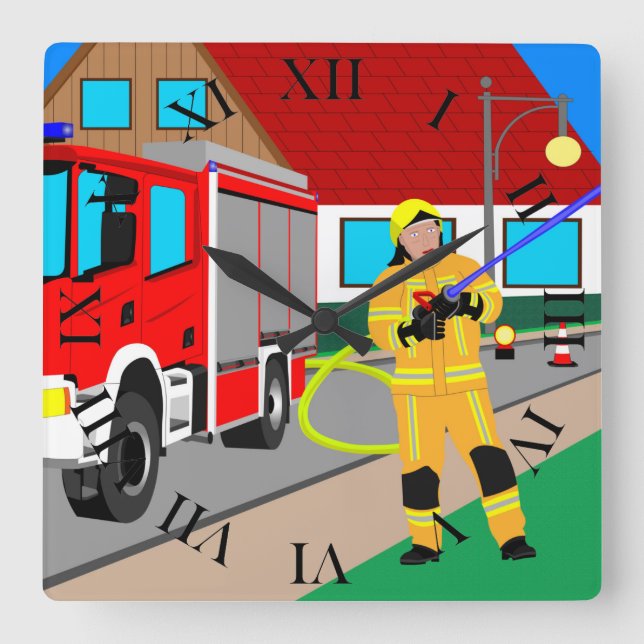 Feuerwehrmann im Feuerwehreinsatz beim löschen Qua Square Wall Clock (Front)