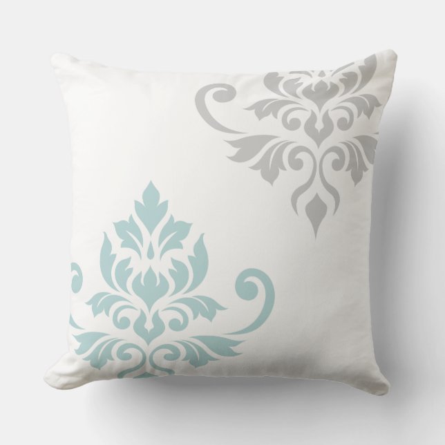 Feuille Damask Art I Duck Egg Blue & Grey on White Cushion (Front)