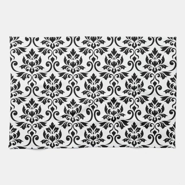 Feuille Damask Big Pattern Black on White Tea Towel (Horizontal)