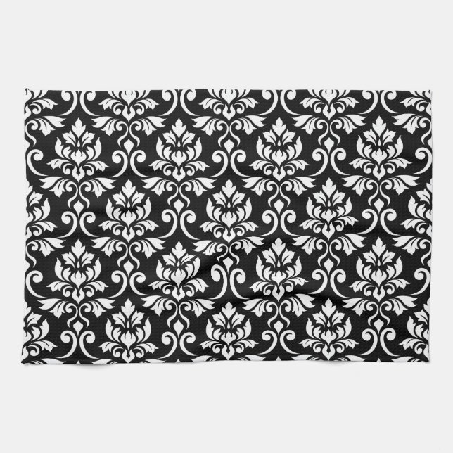 Feuille Damask Big Pattern White on Black Tea Towel (Horizontal)