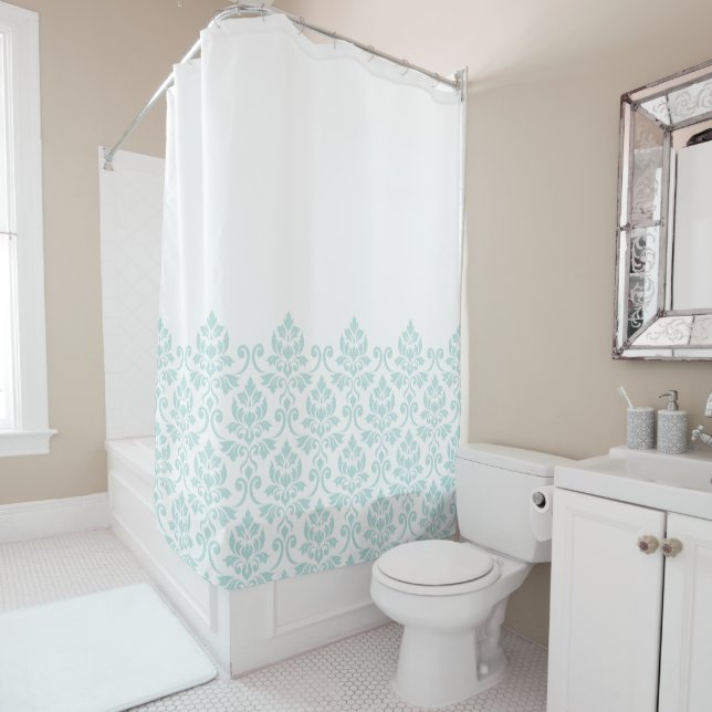 Feuille Damask Part Pattern Light Teal on White Shower Curtain (In Situ)