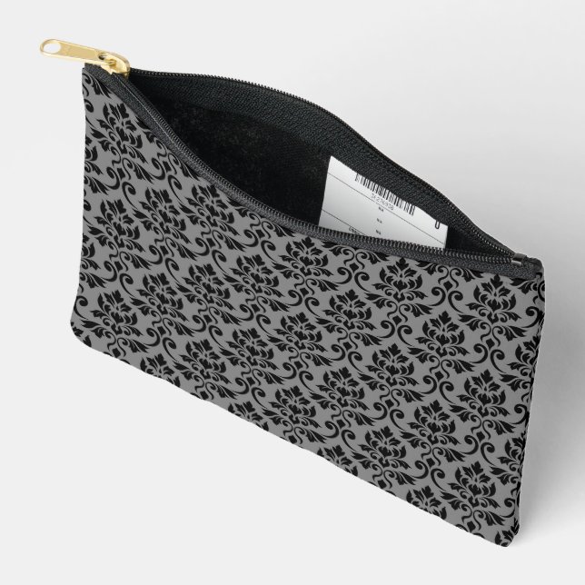 Feuille Damask Pattern Black on Grey Accessory Pouch (Open)