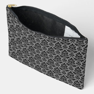 Feuille Damask Pattern Black on Grey Accessory Pouch