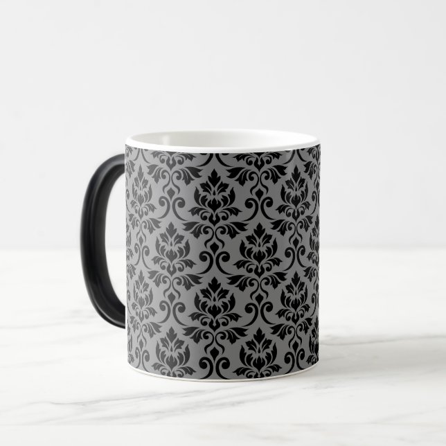 Feuille Damask Pattern Black on Grey Magic Mug (Front Left)