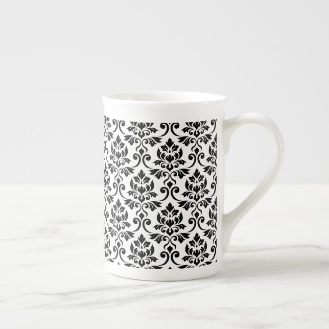 Feuille Damask Pattern Black on White Bone China Mug (Right)